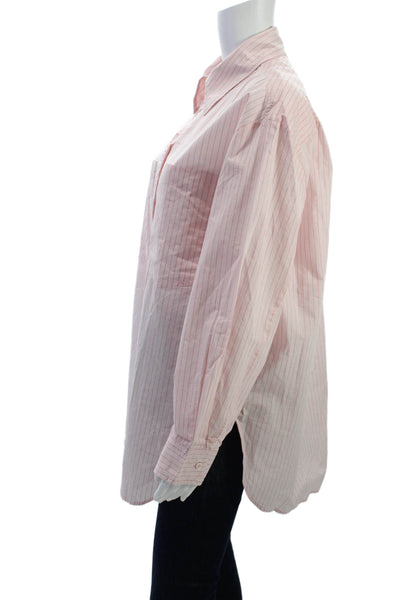 Zara Women Buttoned Down Collared Striped Cotton Long Sleeve Top Pink Size L