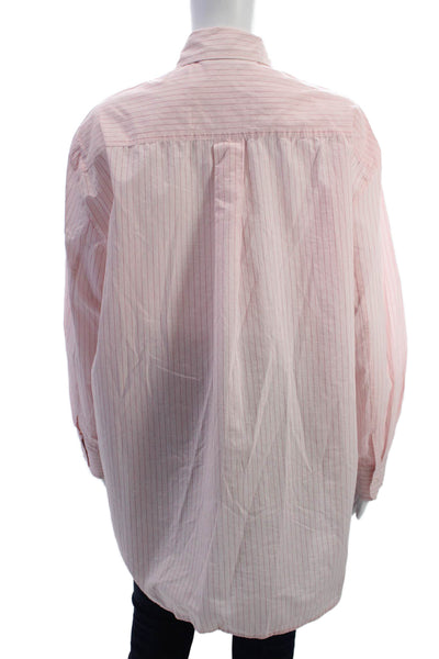 Zara Women Buttoned Down Collared Striped Cotton Long Sleeve Top Pink Size L