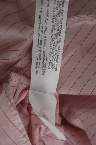Zara Women Buttoned Down Collared Striped Cotton Long Sleeve Top Pink Size L