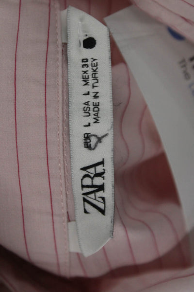 Zara Women Buttoned Down Collared Striped Cotton Long Sleeve Top Pink Size L