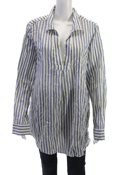 J Crew Womens Tunic Blouse Blue Striped Collared Cotton Long Sleeve Size L