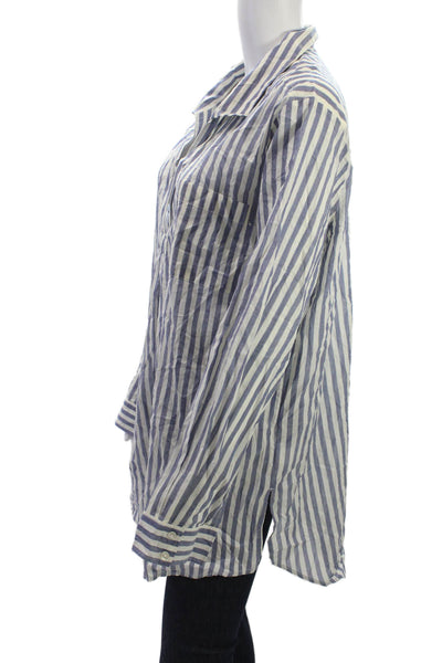 J Crew Womens Tunic Blouse Blue Striped Collared Cotton Long Sleeve Size L