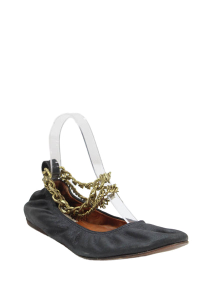 Lanvin Womens Leather Chain Ankle Strap Flats Shoes Black Size 6.5
