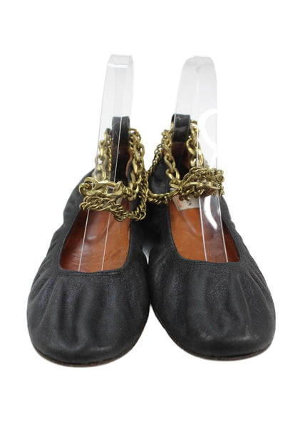 Lanvin Womens Leather Chain Ankle Strap Flats Shoes Black Size 6.5