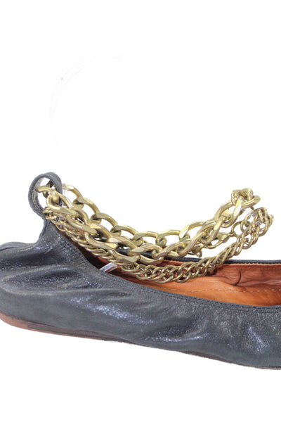 Lanvin Womens Leather Chain Ankle Strap Flats Shoes Black Size 6.5