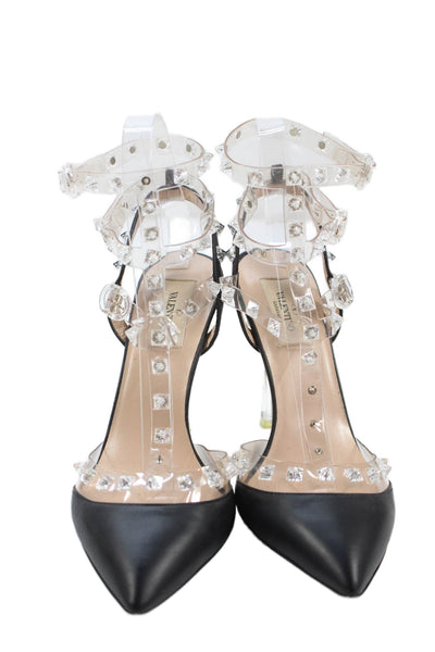 Valentino Garavani Womens Leather Clear Rockstud Heels Shoes Black Clear Sz 8.5