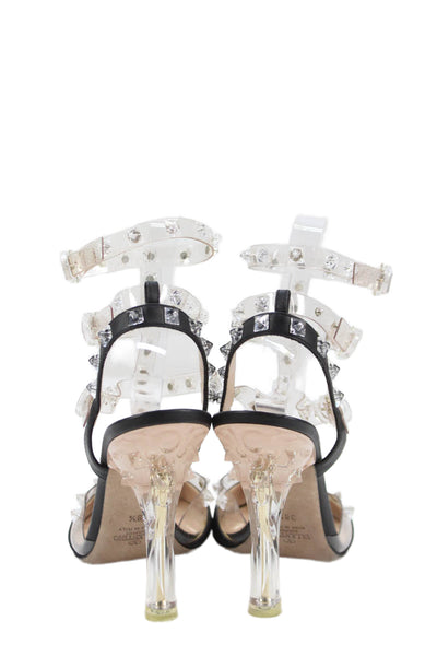 Valentino Garavani Womens Leather Clear Rockstud Heels Shoes Black Clear Sz 8.5