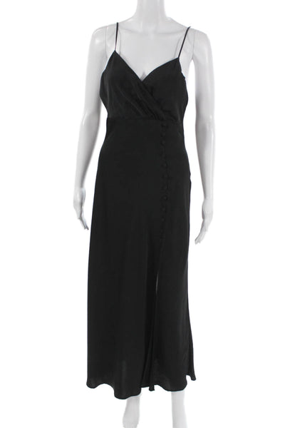 Zara Women Slip Dress Black V-Neck Sleeveless Long Button Polyester Size S