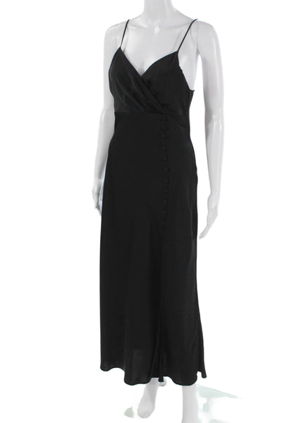 Zara Women Slip Dress Black V-Neck Sleeveless Long Button Polyester Size S