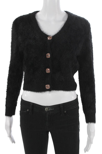 Zara Women V-Neck Fuzzy Cardigan Black Long Sleeve Size S
