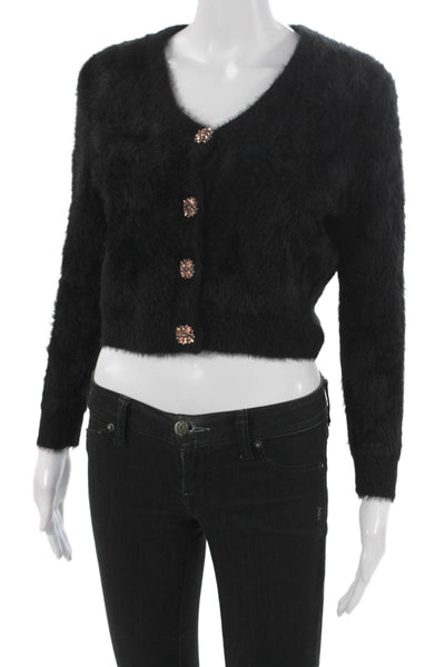 Zara Women V-Neck Fuzzy Cardigan Black Long Sleeve Size S