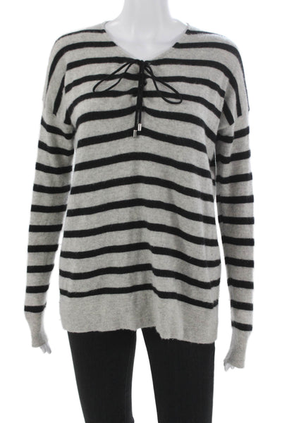 Aqua Cashmere Womens V-Neck Striped Pullover Gray Cashmere Size M