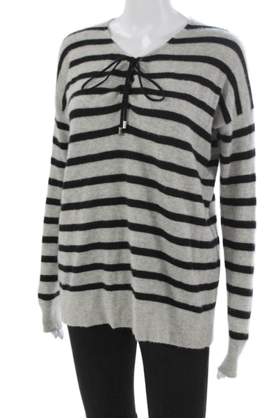 Aqua Cashmere Womens V-Neck Striped Pullover Gray Cashmere Size M