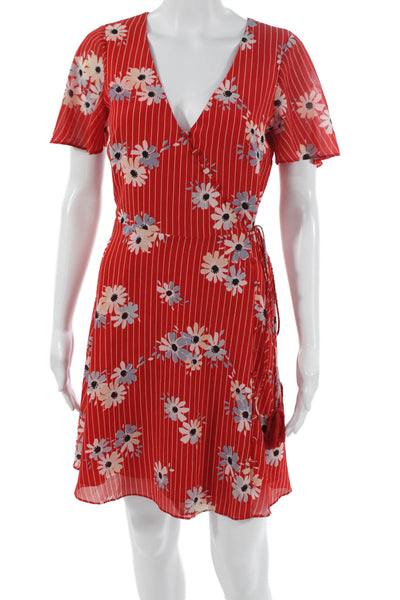 Madewell Womens Red Floral Wrap Dress V-Neck Short Sleeve Polyester Size 00