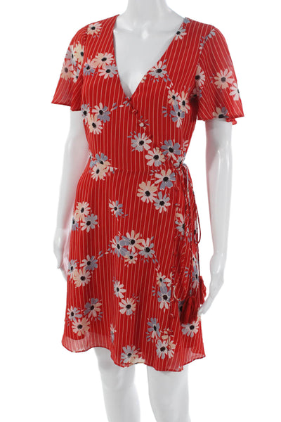 Madewell Womens Red Floral Wrap Dress V-Neck Short Sleeve Polyester Size 00