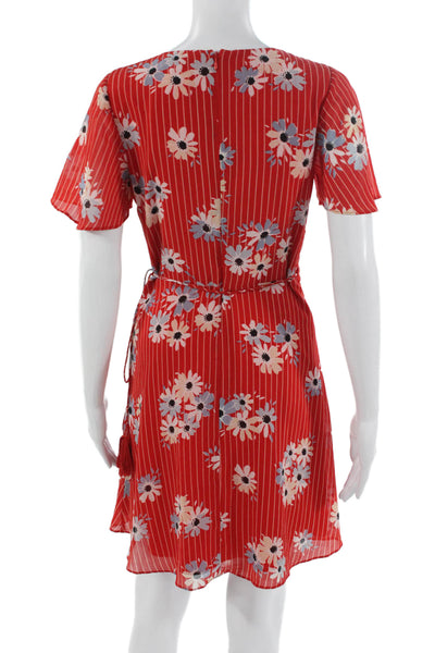Madewell Womens Red Floral Wrap Dress V-Neck Short Sleeve Polyester Size 00