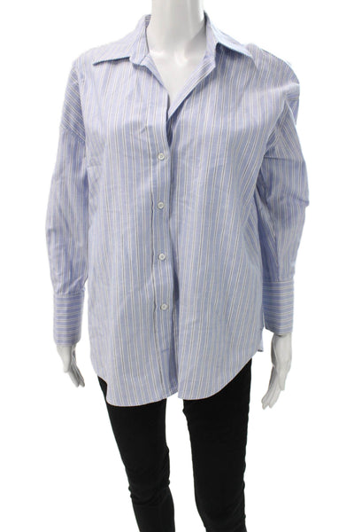 Zara Women Basic Blue Cotton Striped Collared Long Sleeve Button-Up Top Size S