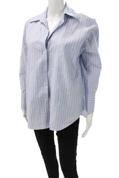 Zara Women Basic Blue Cotton Striped Collared Long Sleeve Button-Up Top Size S