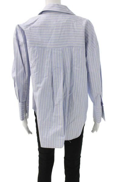 Zara Women Basic Blue Cotton Striped Collared Long Sleeve Button-Up Top Size S