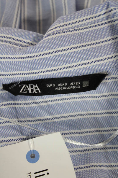 Zara Women Basic Blue Cotton Striped Collared Long Sleeve Button-Up Top Size S