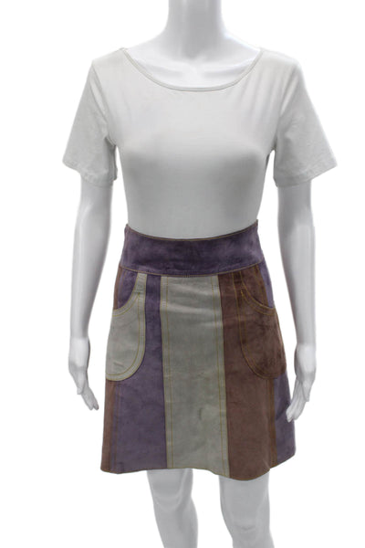 Derek Lam Womens A-Line Skirt Multicolor Striped Calfskin Suede Zip Size 0