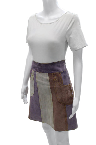 Derek Lam Womens A-Line Skirt Multicolor Striped Calfskin Suede Zip Size 0