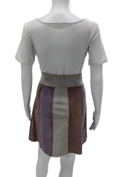 Derek Lam Womens A-Line Skirt Multicolor Striped Calfskin Suede Zip Size 0