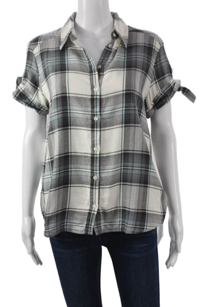 Paige Black Label Women Collared Plaid Button Up Short Sleeve Multicolor Size S