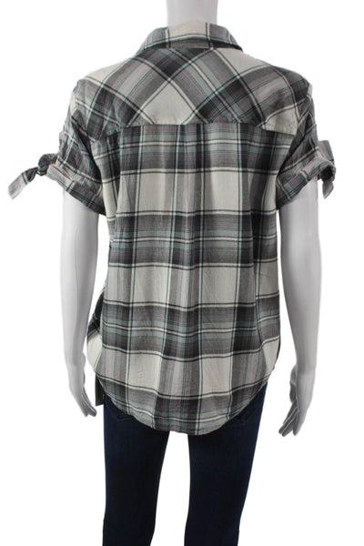 Paige Black Label Women Collared Plaid Button Up Short Sleeve Multicolor Size S