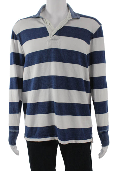 J Crew Mens Striped Long Sleeves Polo Shirt White Blue Size Medium