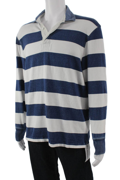 J Crew Mens Striped Long Sleeves Polo Shirt White Blue Size Medium