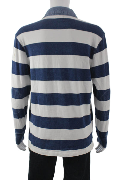 J Crew Mens Striped Long Sleeves Polo Shirt White Blue Size Medium