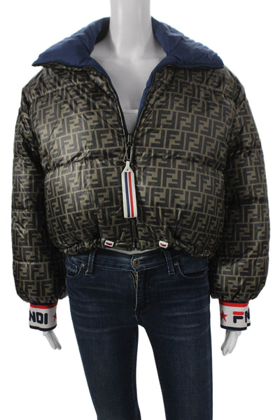 Fendi Women Puffer Jacket Multicolor Geometric Zip Logo Size S