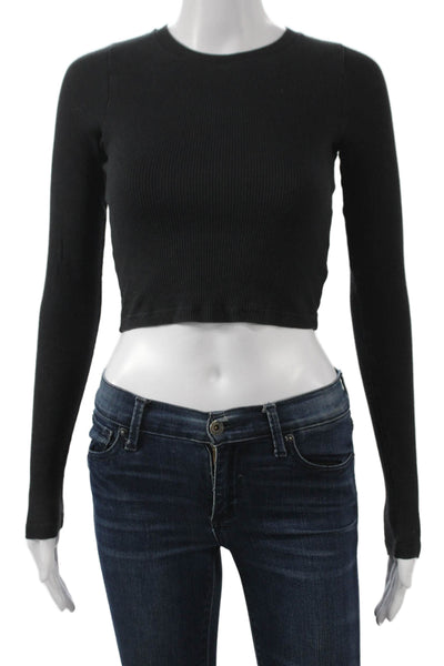 TNA Womens Black Basic Long Sleeve Crew Neck Cotton T-Shirt Size 2XS