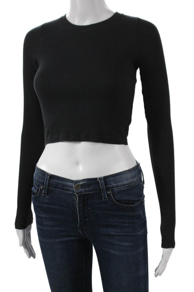 TNA Womens Black Basic Long Sleeve Crew Neck Cotton T-Shirt Size 2XS