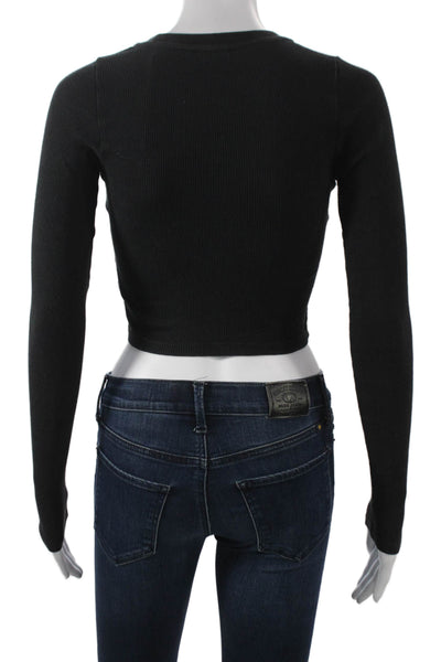 TNA Womens Black Basic Long Sleeve Crew Neck Cotton T-Shirt Size 2XS