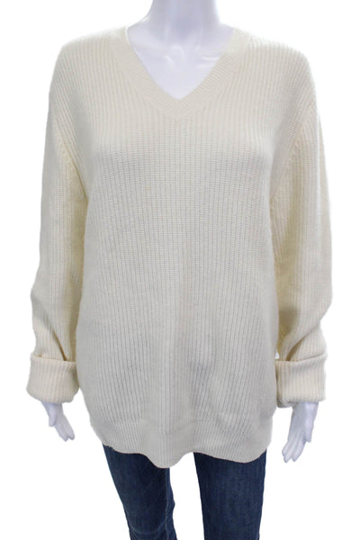 Vince Women Ivory Wool V Neck Pullover Sweater Long Sleeve Size M