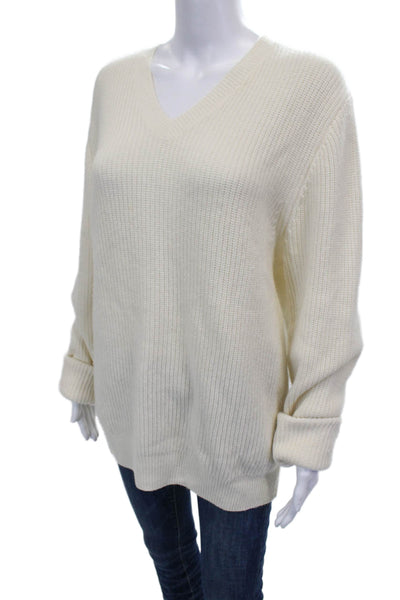 Vince Women Ivory Wool V Neck Pullover Sweater Long Sleeve Size M