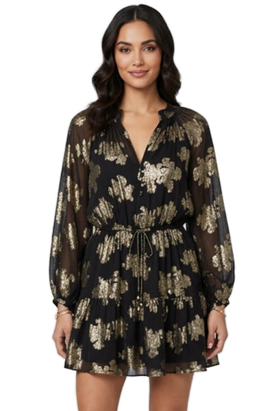 Karina Grimaldi Womens Black Silk V Neck Floral Knee Longsleeve Dress Size M
