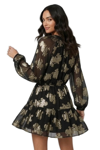 Karina Grimaldi Womens Black Silk V Neck Floral Knee Longsleeve Dress Size M