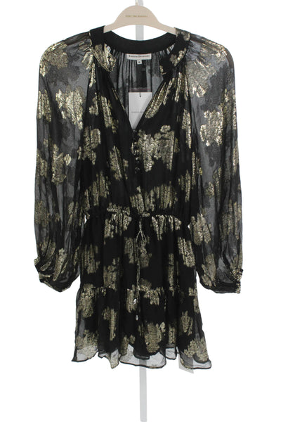 Karina Grimaldi Womens Black Silk V Neck Floral Knee Longsleeve Dress Size M