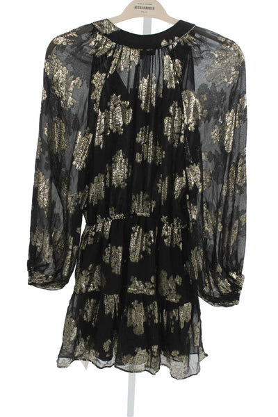 Karina Grimaldi Womens Black Silk V Neck Floral Knee Longsleeve Dress Size M
