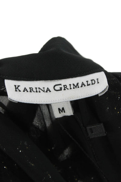 Karina Grimaldi Womens Black Silk V Neck Floral Knee Longsleeve Dress Size M
