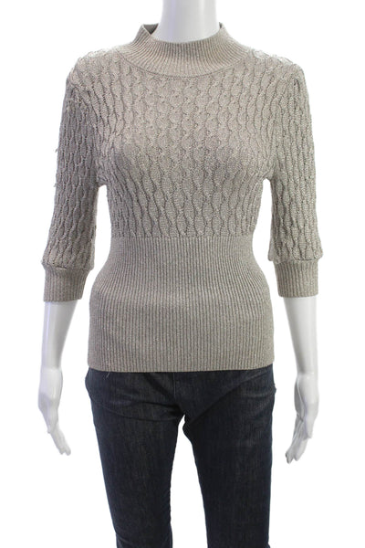 Nicholas Women Beige Glitter Mock Neck Rayon Short Sleeve Sweater Size XS