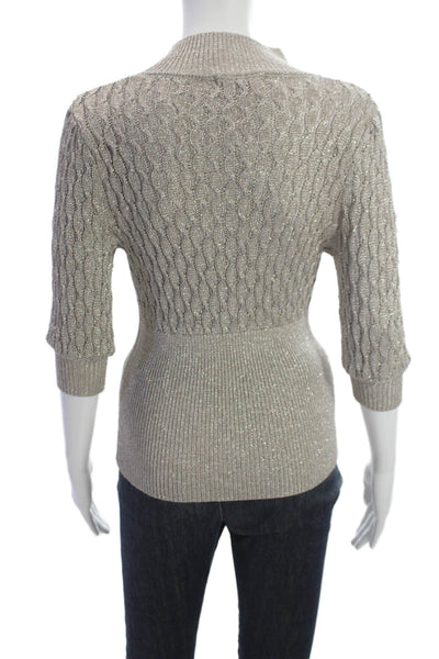 Nicholas Women Beige Glitter Mock Neck Rayon Short Sleeve Sweater Size XS