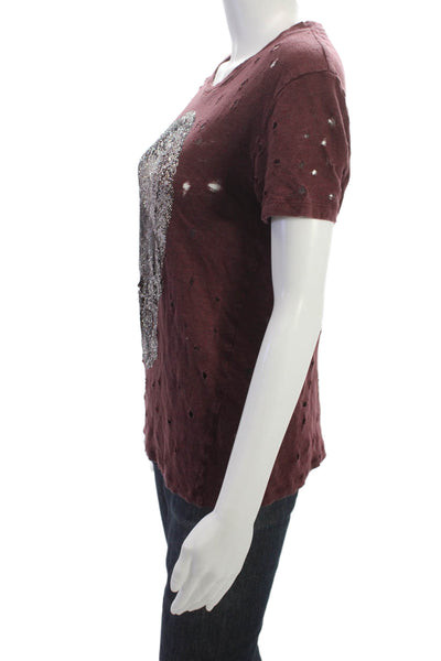 IRO Womens Studded Linen Short Sleeve Round Neck Top Red Size XS