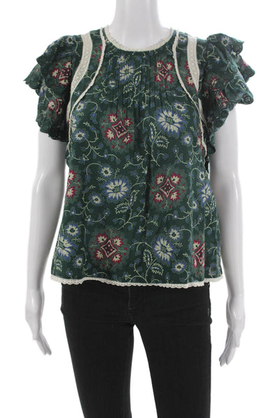 Sea New York Women Green Floral Cotton Short Sleeve Button Blouse Size M