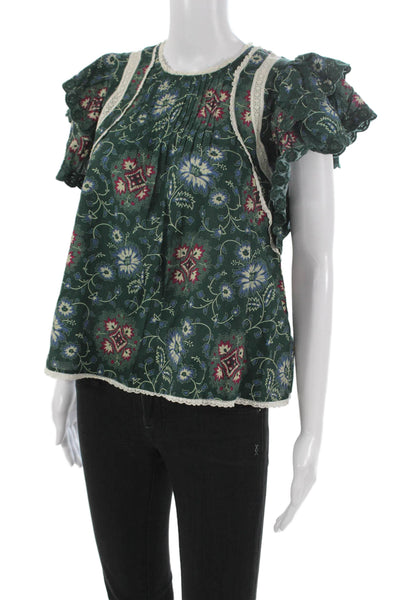 Sea New York Women Green Floral Cotton Short Sleeve Button Blouse Size M
