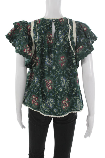 Sea New York Women Green Floral Cotton Short Sleeve Button Blouse Size M