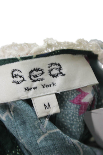 Sea New York Women Green Floral Cotton Short Sleeve Button Blouse Size M